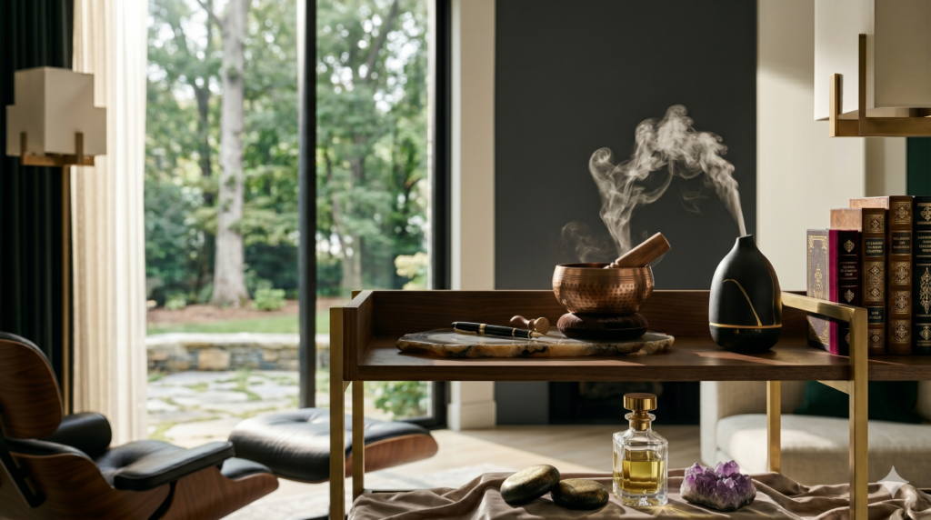 Image of a sound bowl and diffuser on a desk in a luxe setting made with AI
