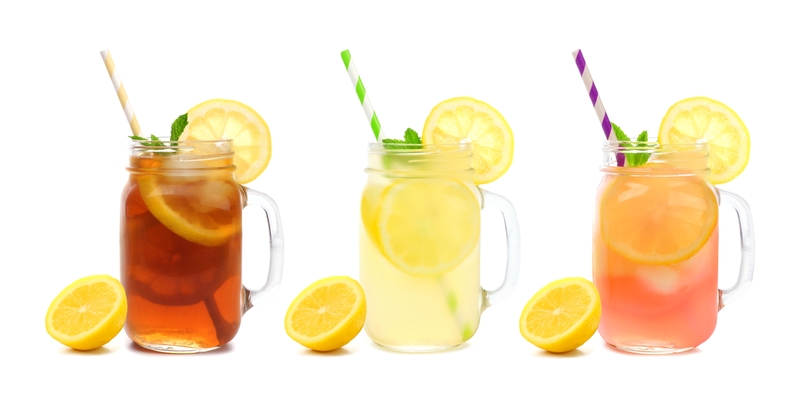 Images of iced tea, lemonade, and pink lemonade drinks