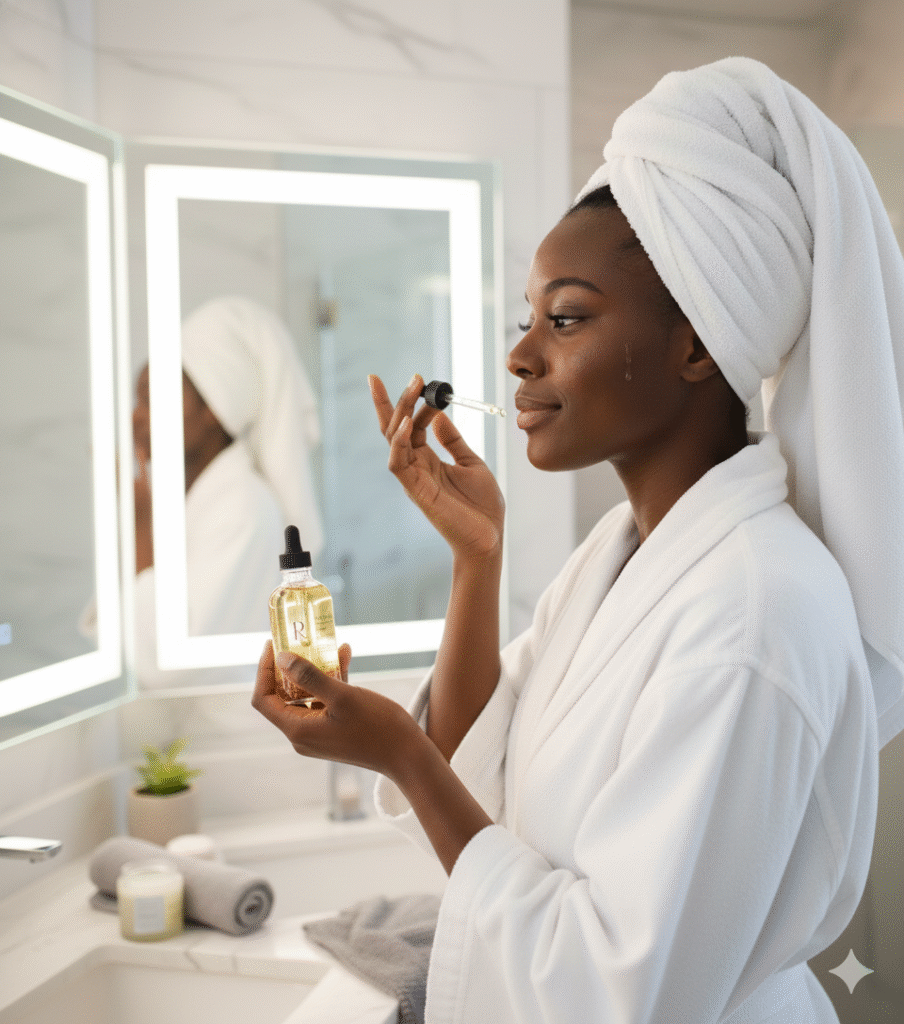 Woman applying herbal oil from Herlistic. made with AI