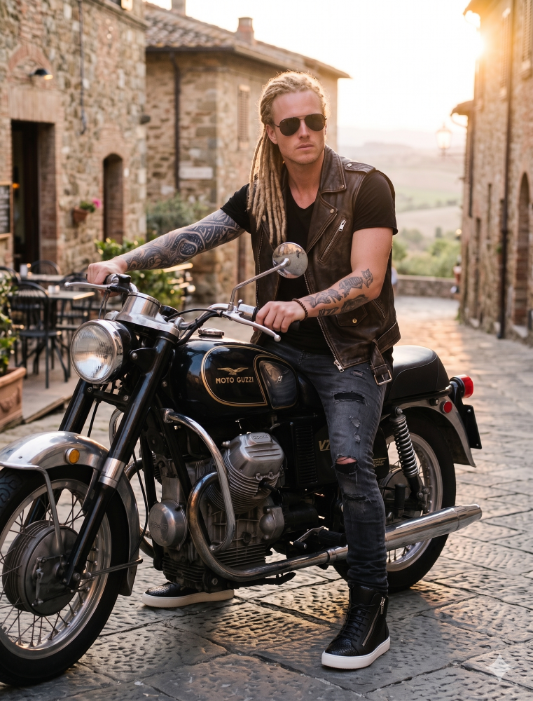 Image of a male model in a European city on a motorcycle, courtesy of AI