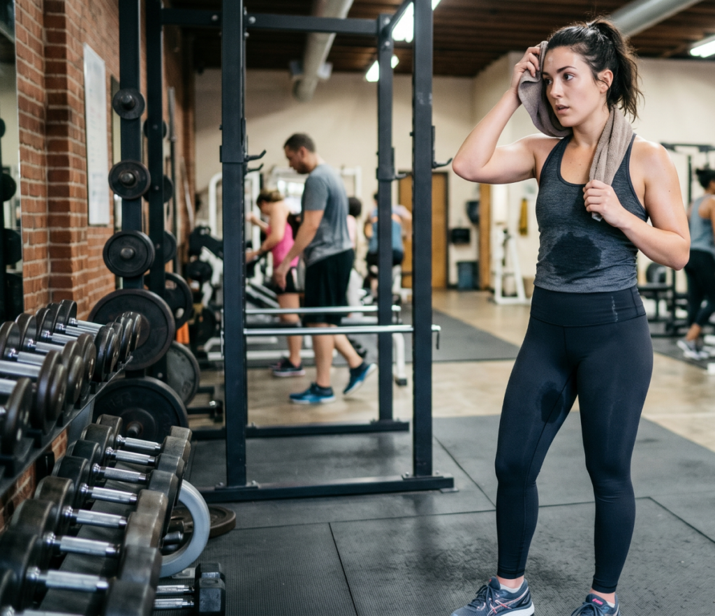 A woman with sweaty thighs at the gym