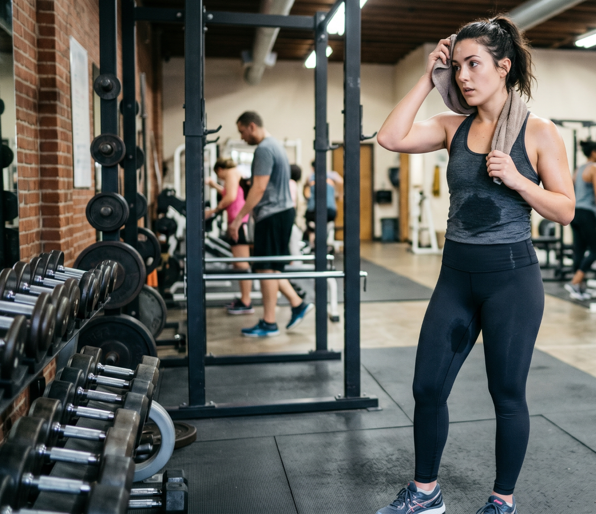 A woman with sweaty thighs at the gym