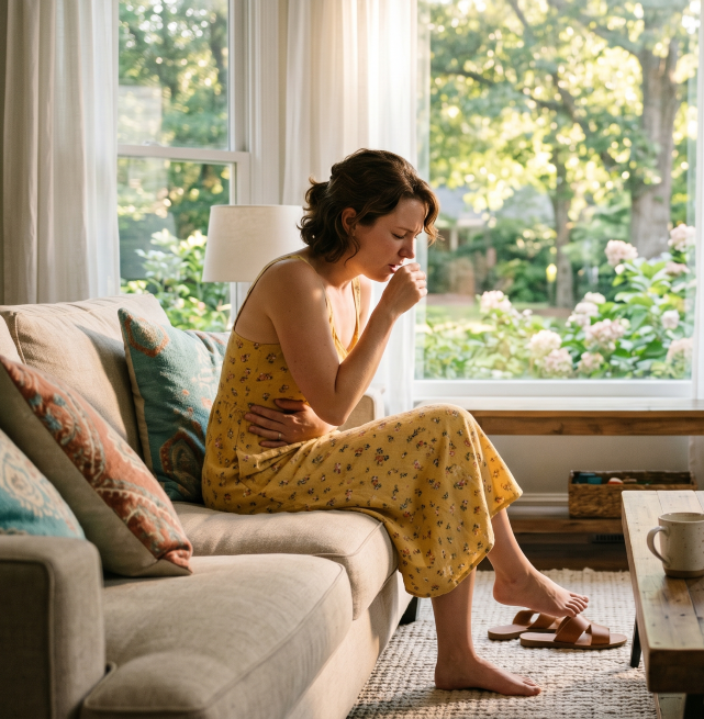 a woman coughing made with AI