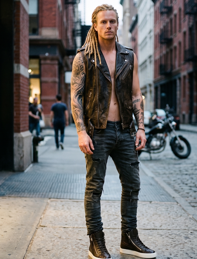 Image of a male model in a European city, courtesy of AI
