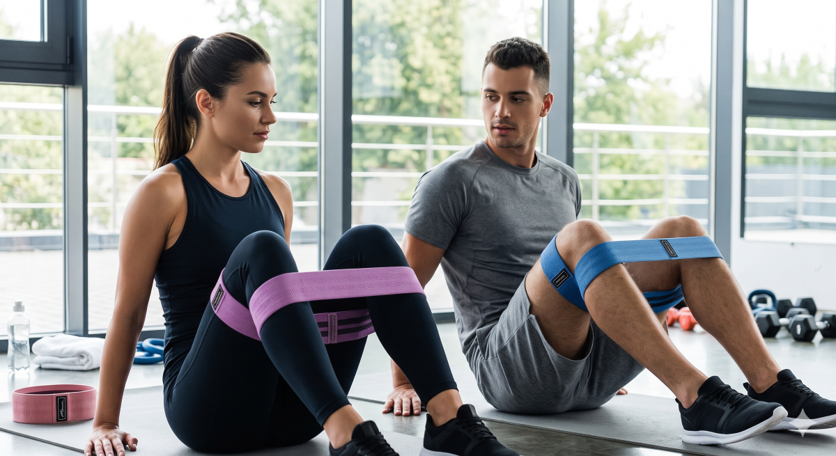 Image of a couple using resistance bands at the gym made with AI.