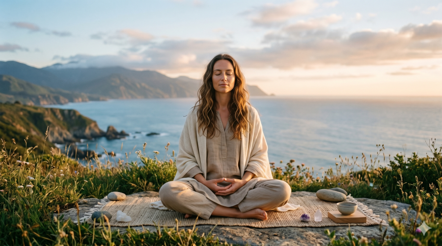 a person mediating outdoors made with AI