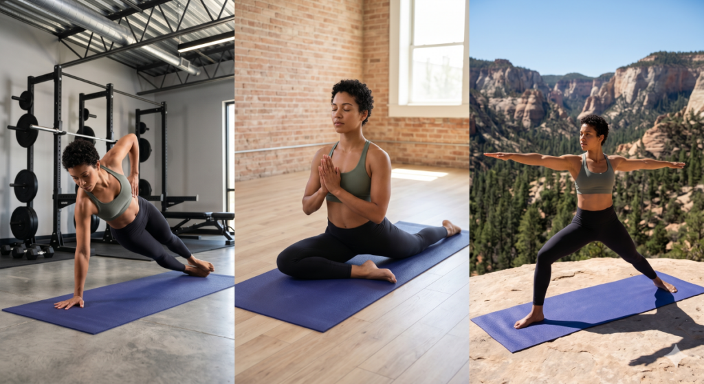 A woman using a yoga mat made with AI