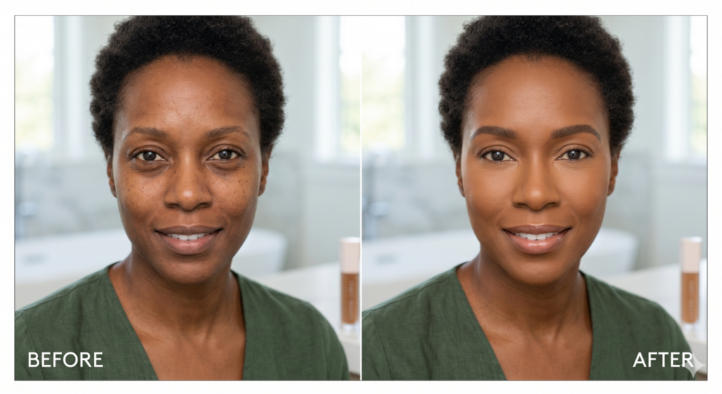 Image of a before and after shot of a woman using concealer made with AI