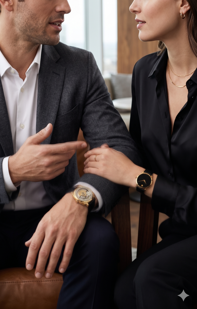 Image of a woman and man wearing Movado timepieces made with AI.