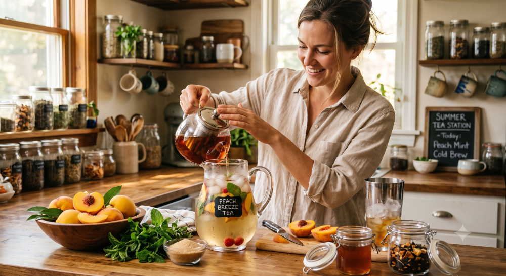 A woman making peach-flavored iced tea made with AI.
