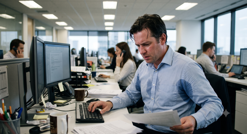 Man sweating profusely at work made with AI.