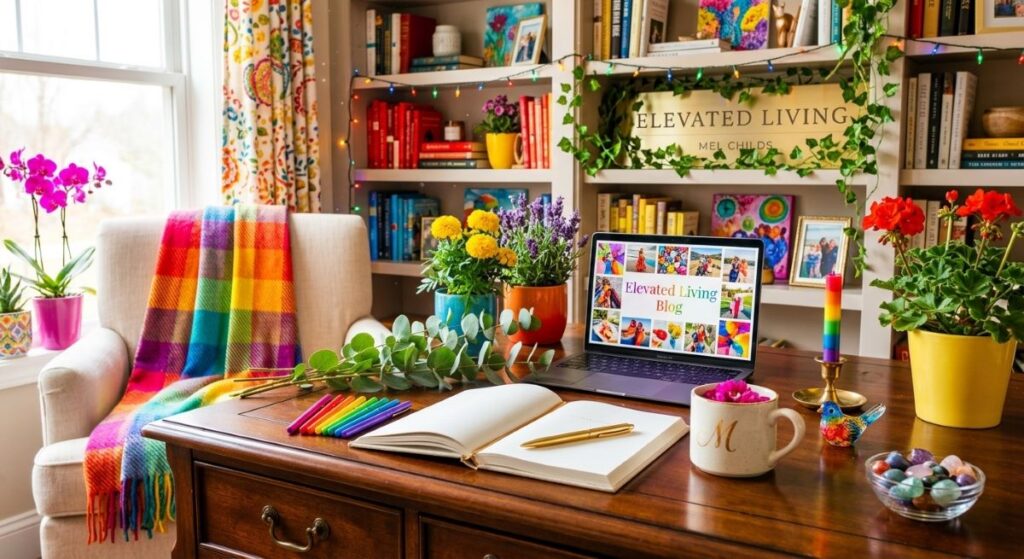 Image of a colorful library in a home made with AI.