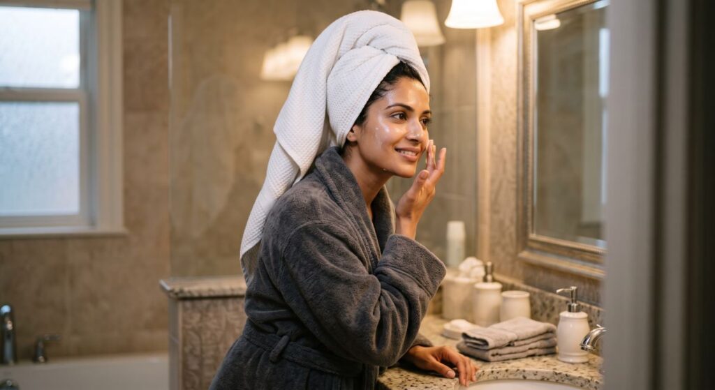 A woman applying face cream made with AI.