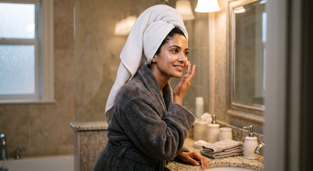 A woman applying face cream made with AI.