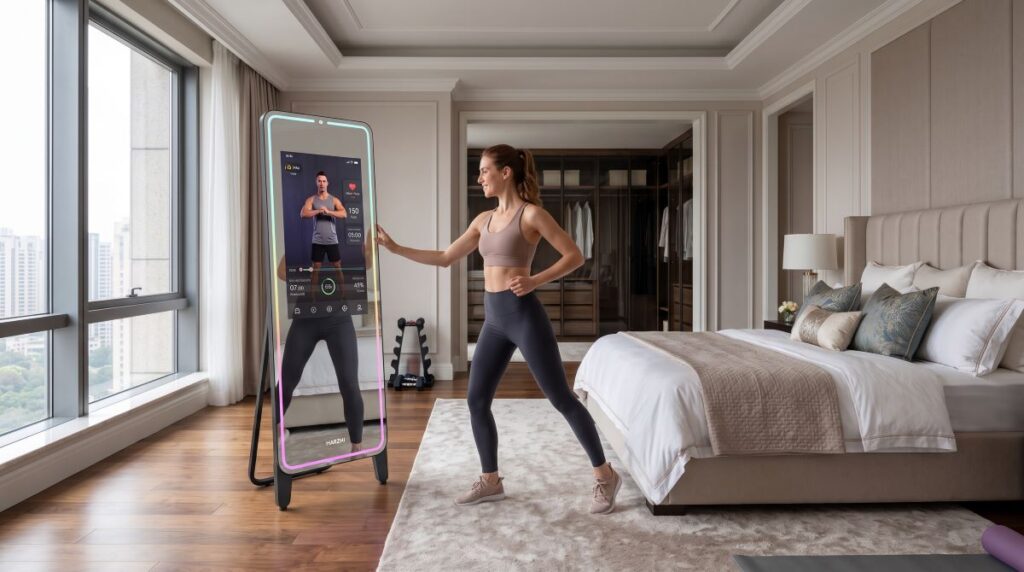 Woman Using a Smart Gym Mirror created with AI.