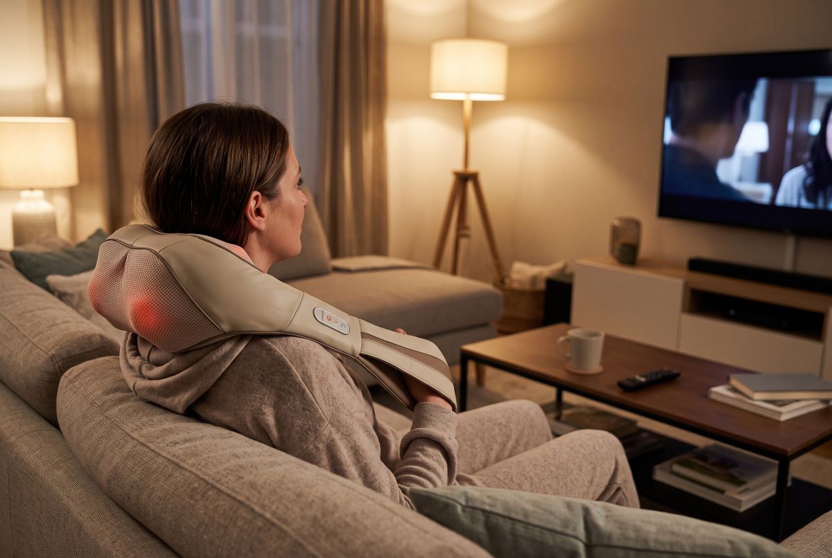 a woman using a neck massager created with AI